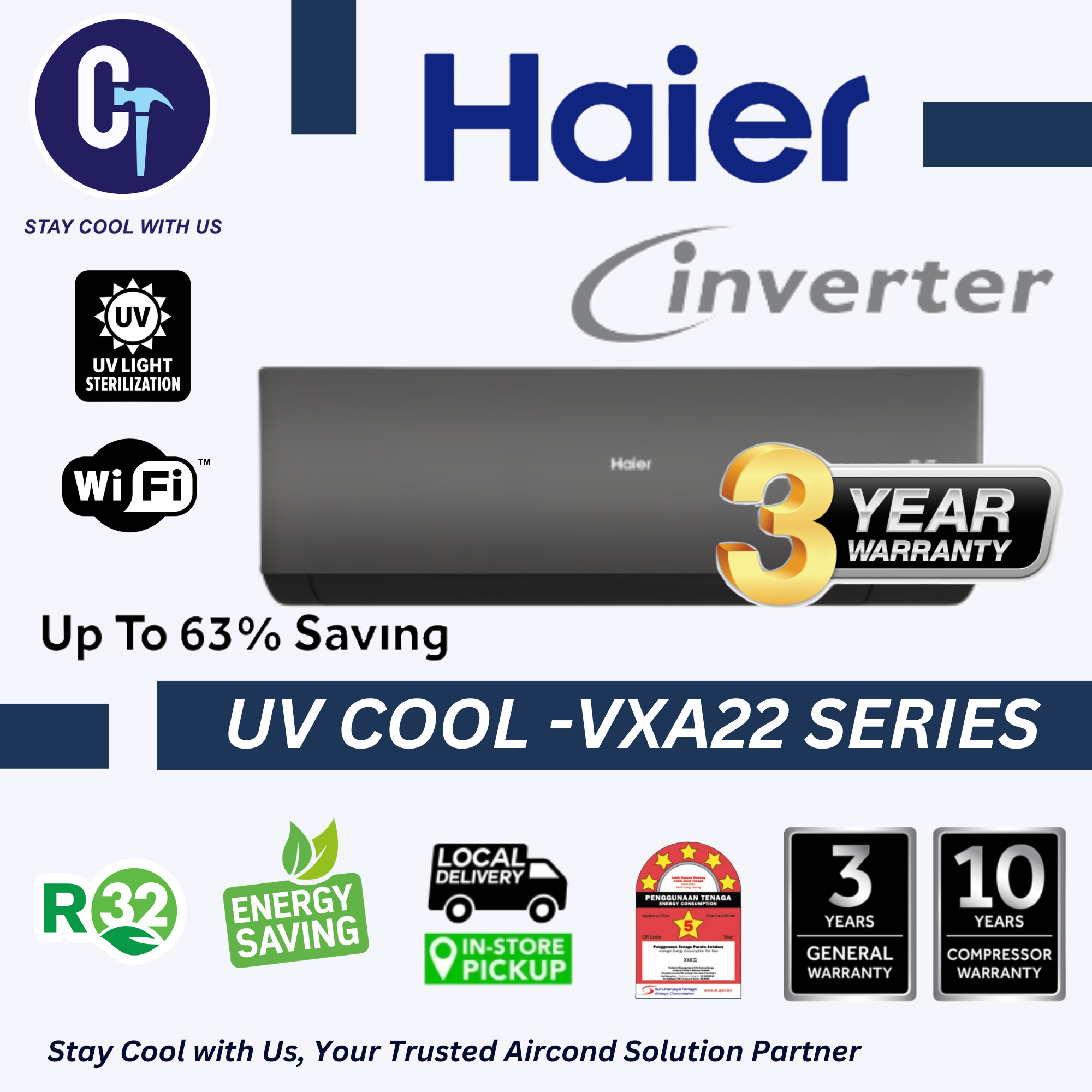 Haier Premium R32 UV Inverter Air Conditioner Series VXA 1.0HP-1.5HP - BLACK PANEL