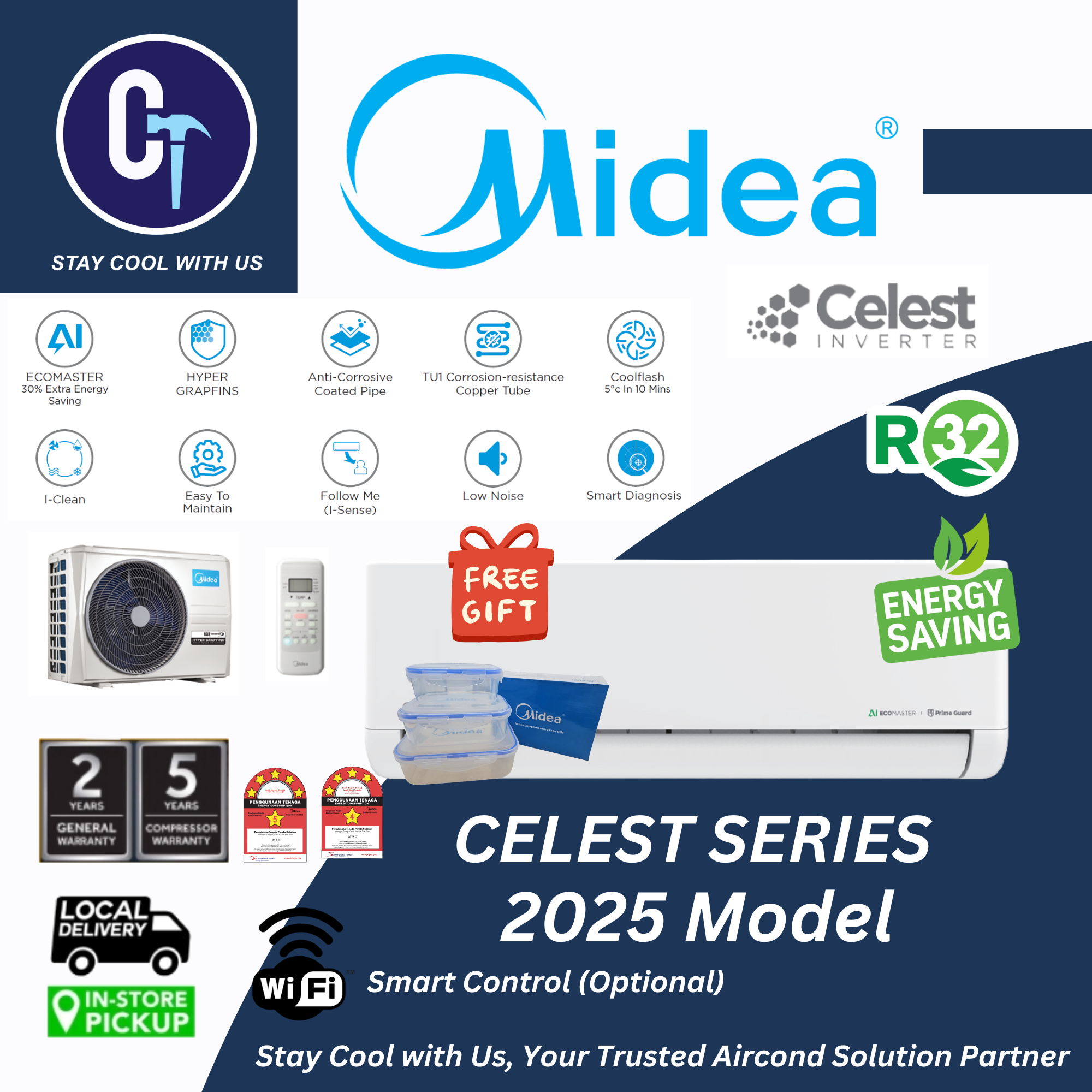 Midea R32 New Inverter Aircond (1.0HP-2.5HP) MSCE (CELEST) Inverter Series Air Conditioner