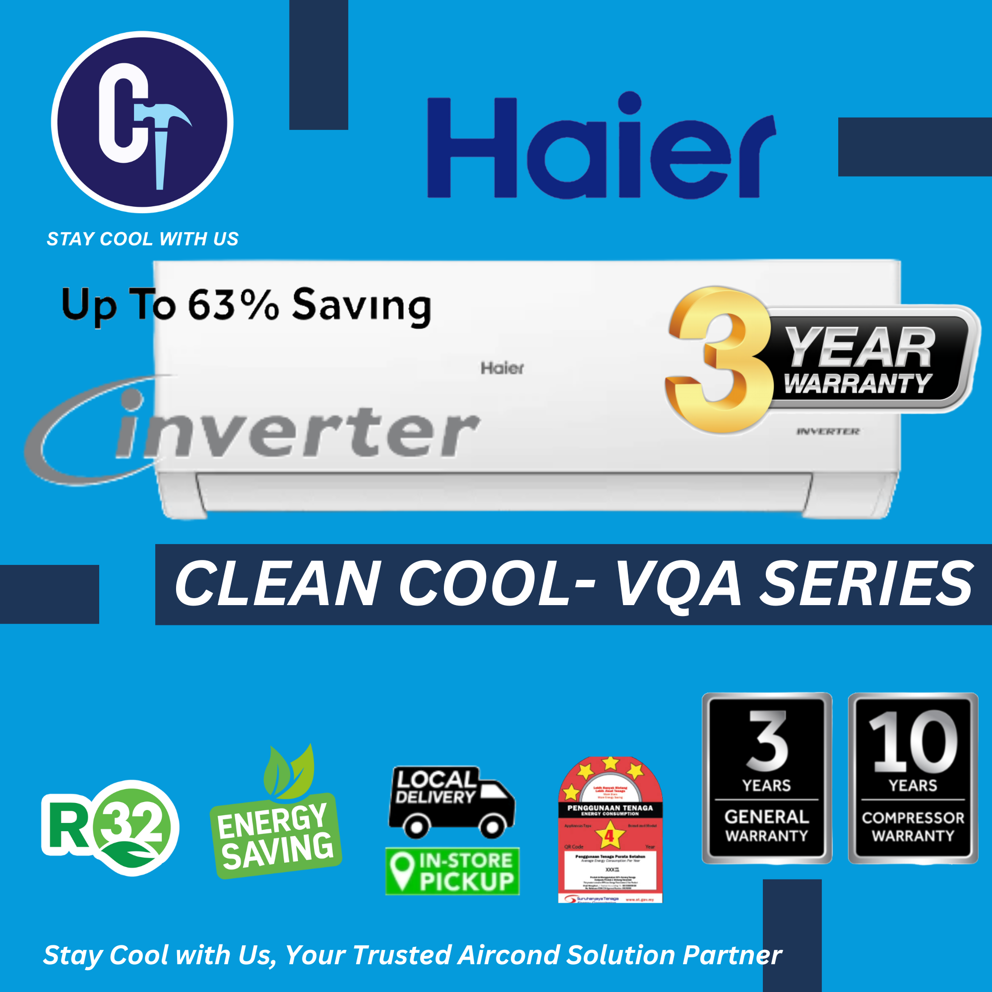 Haier New Inverter R32 Air Conditioner Series VQA 1.0HP-2.5HP PWP STD Aircond Installation