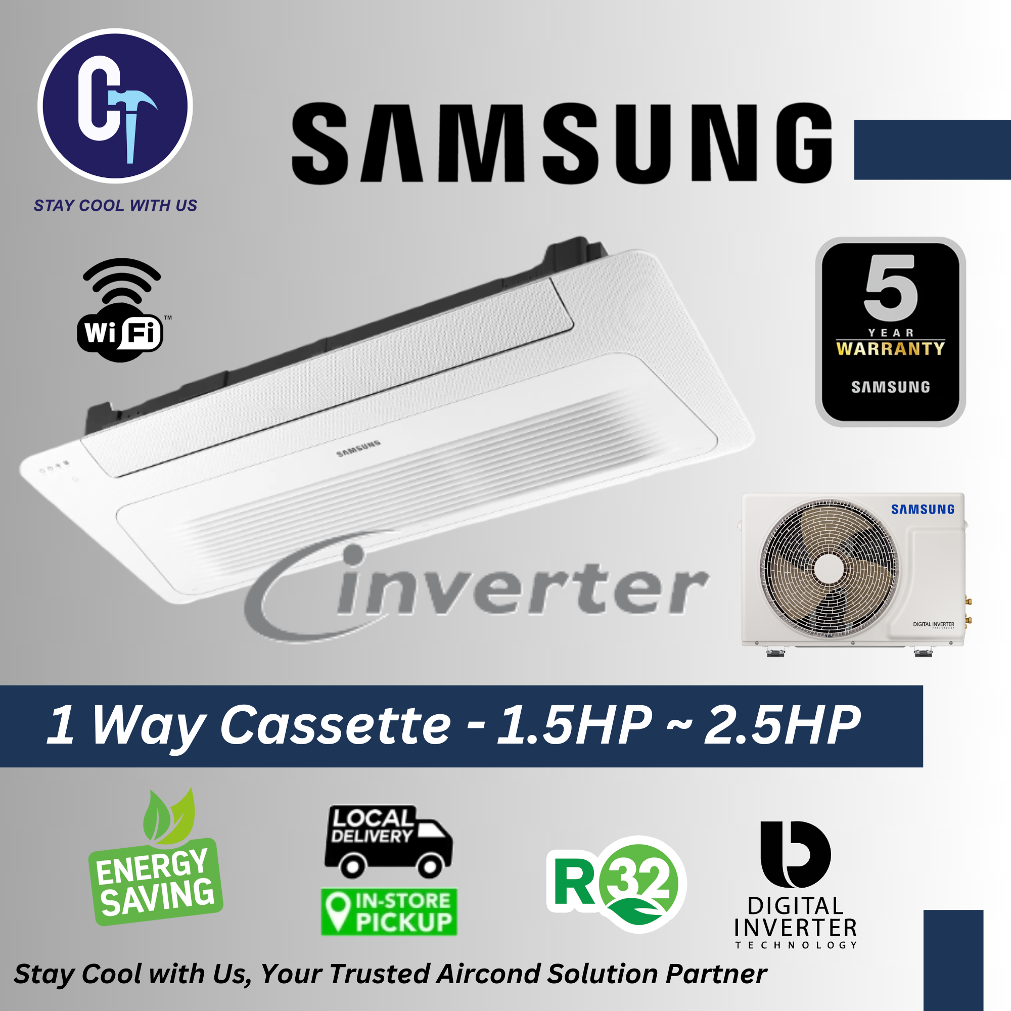 SAMSUNG 1 Way Inverter Ceiling Cassette Air Conditioner (1.5HP / 2.0HP / 2.5HP) R32/R410A Series