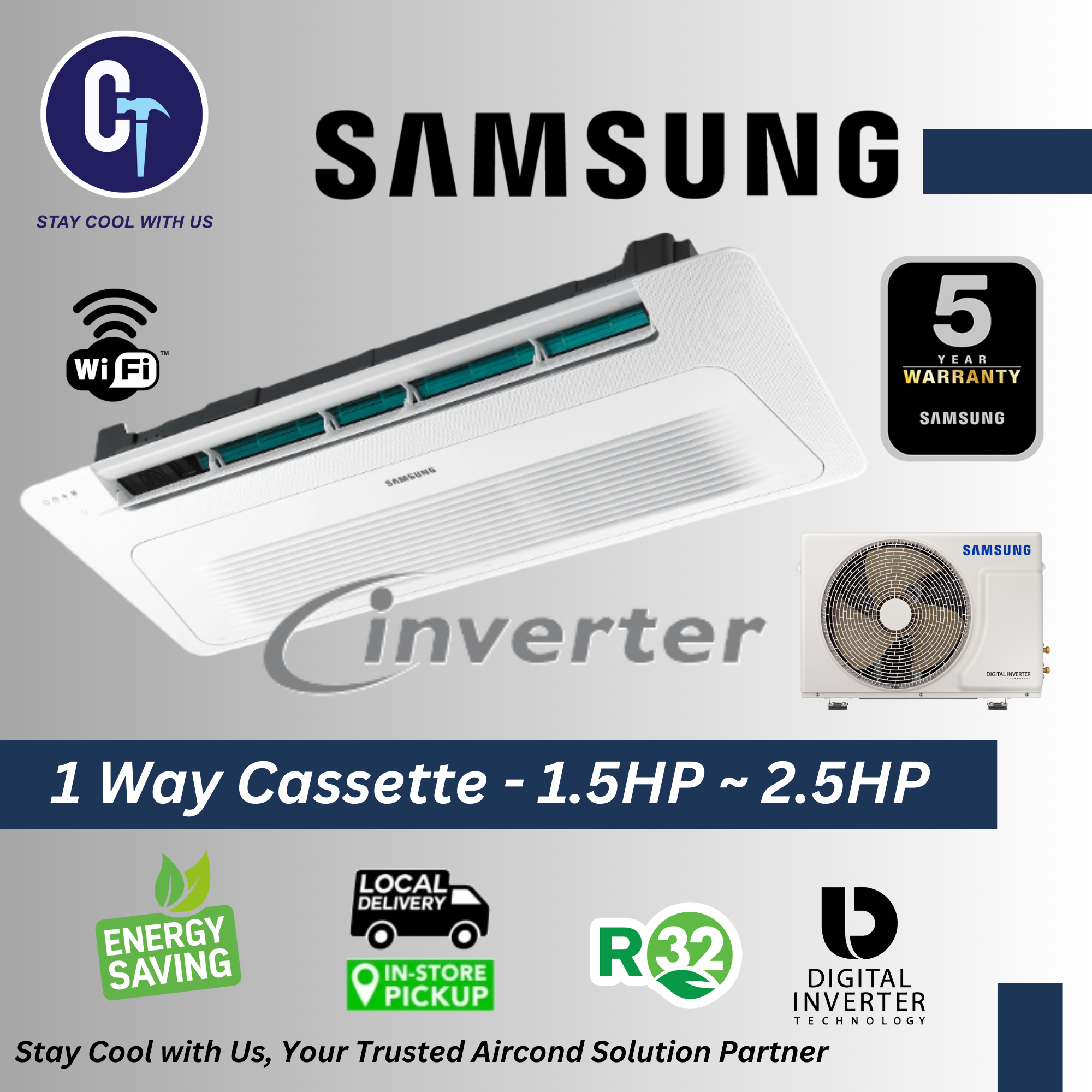 SAMSUNG 1 Way Inverter Ceiling Cassette Air Conditioner (1.5HP / 2.0HP / 2.5HP) R32/R410A Series - Image 7