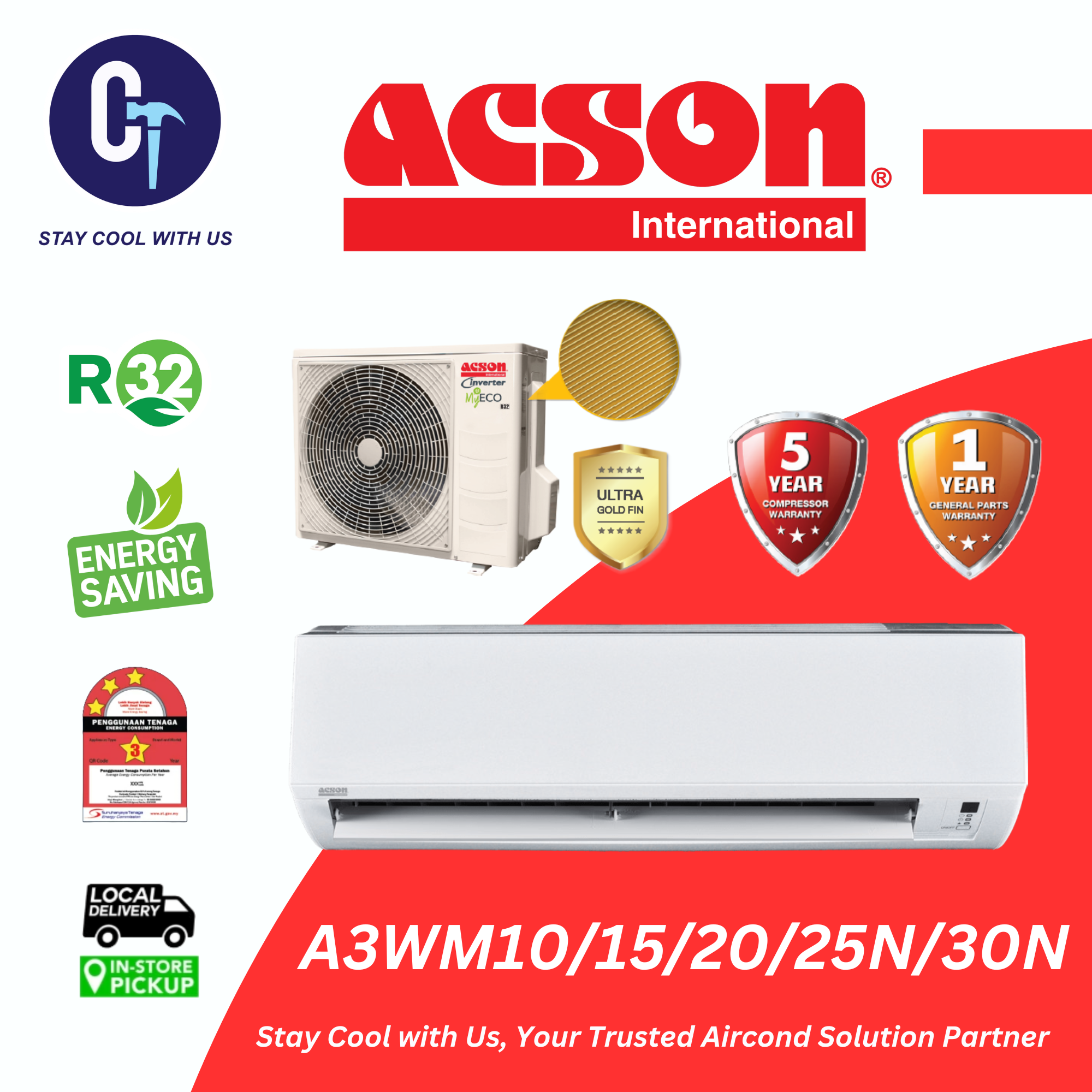 ACSON R32 - A3WM Non Inverter / Inverter 5 AVO Series Air Conditioner (1.0HP-3.0HP)