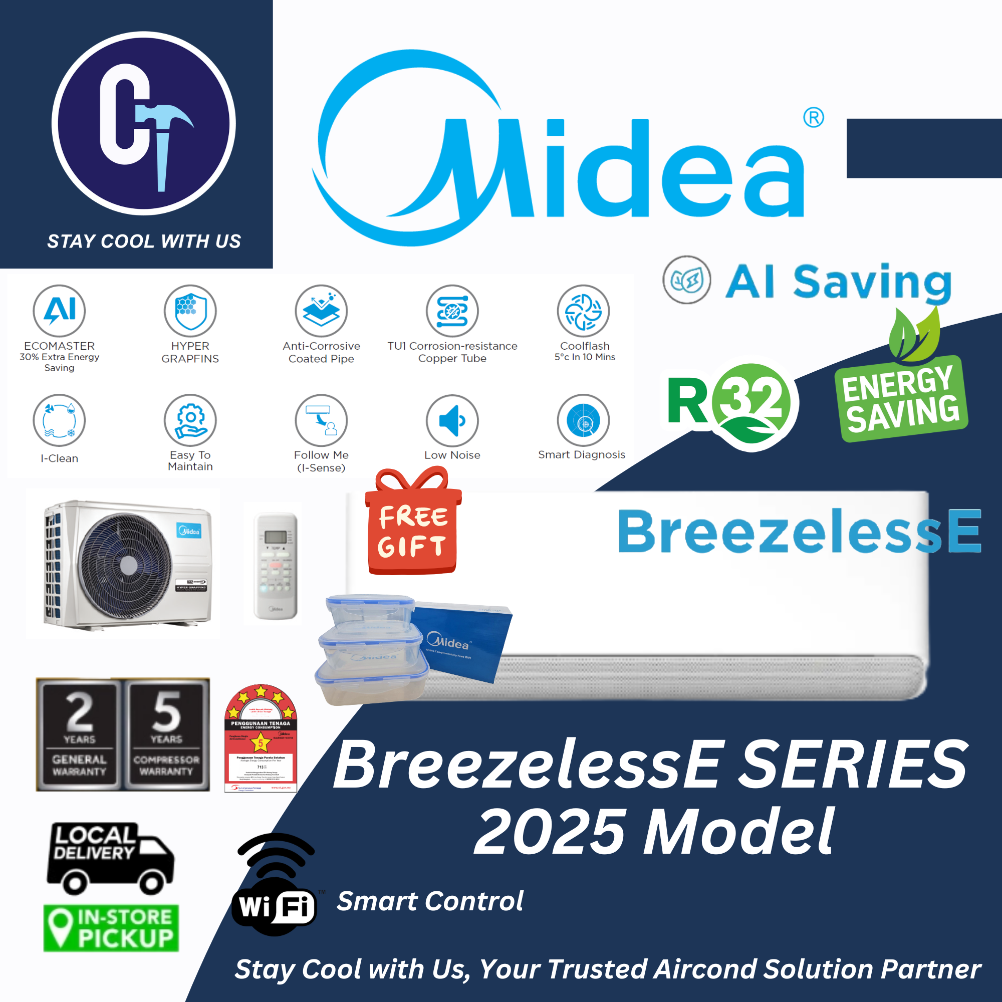 Midea R32 New 5 Star Inverter Aircond (1.0HP-2.5HP) MSEBE (Breezeless E) Inverter Series Air Conditioner