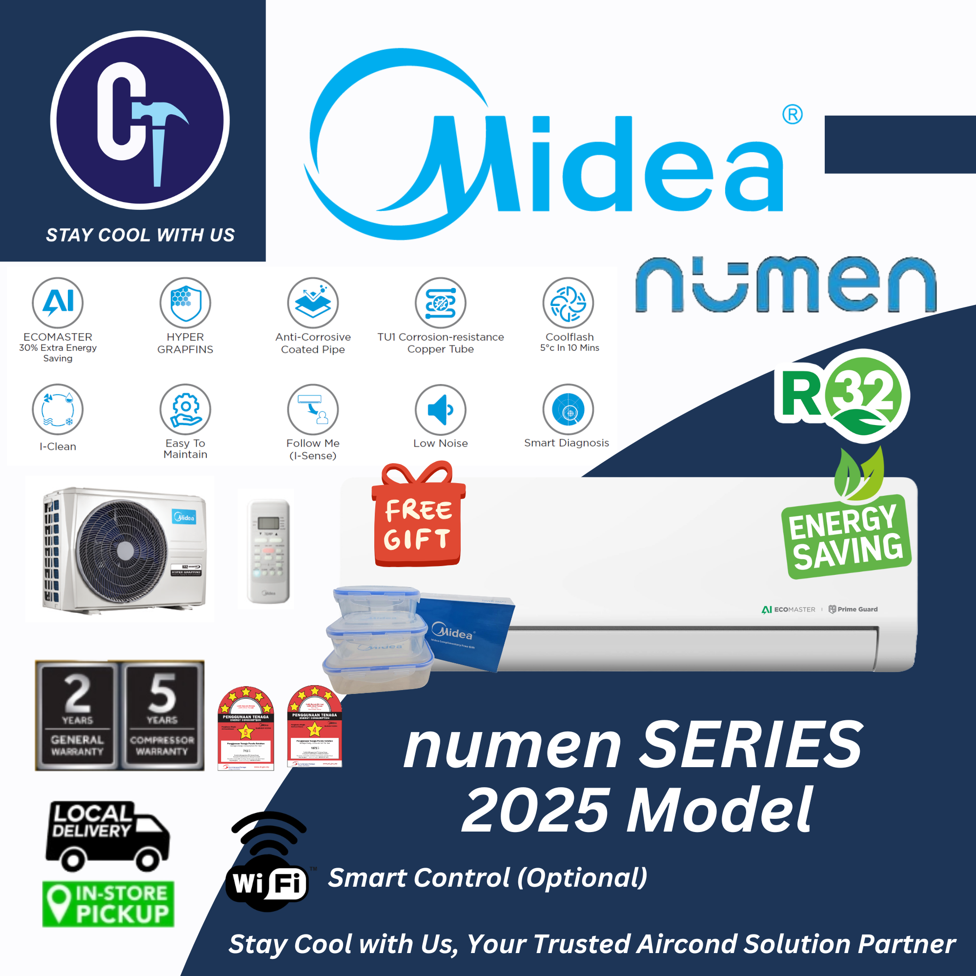 Midea R32 New Inverter Aircond (1.0HP-2.5HP) MSNE (numen) Inverter Series Air Conditioner