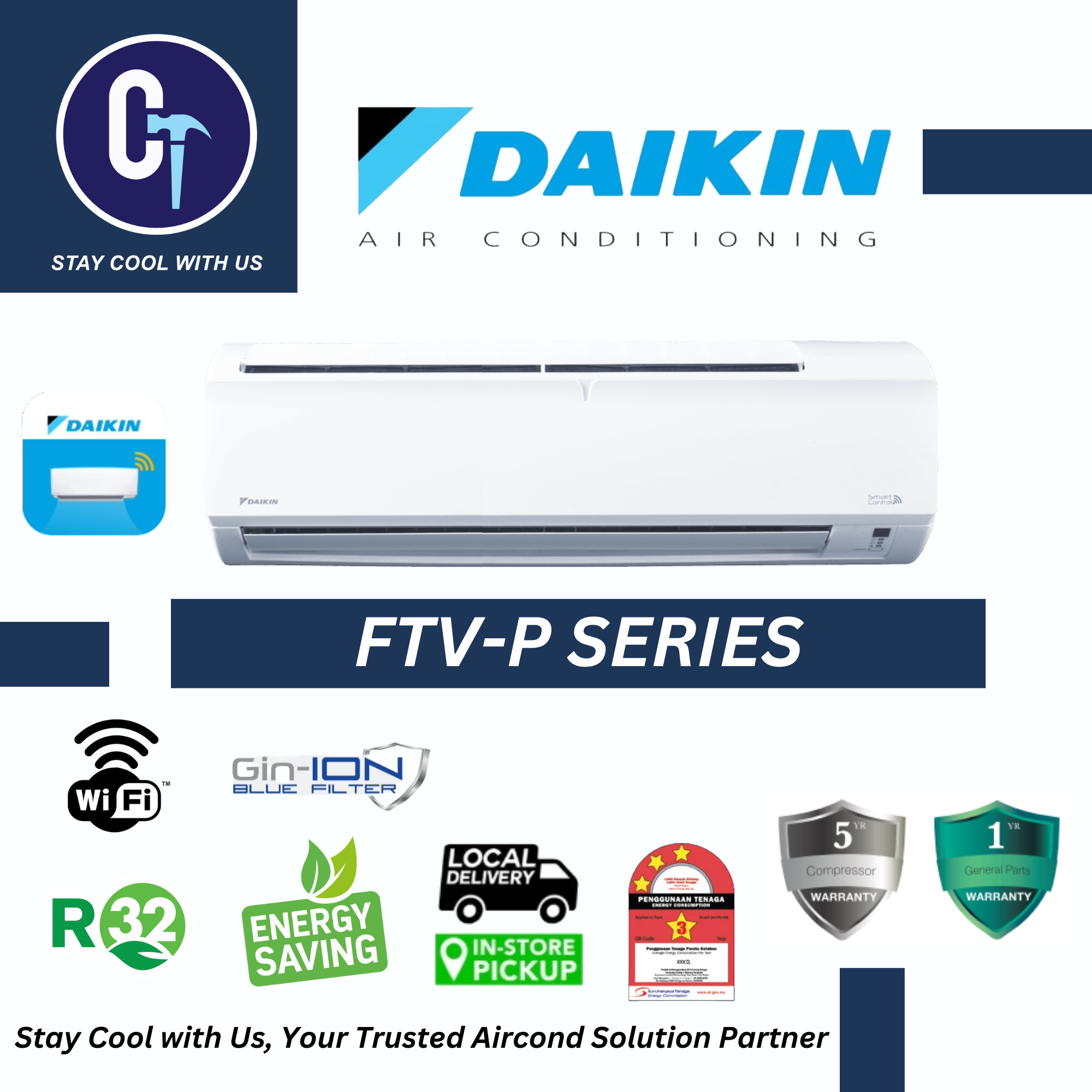Daikin R32 WIFI Non-Inverter Wall Mounted Air Conditioner FTV Series 1.0HP~3.0HP
