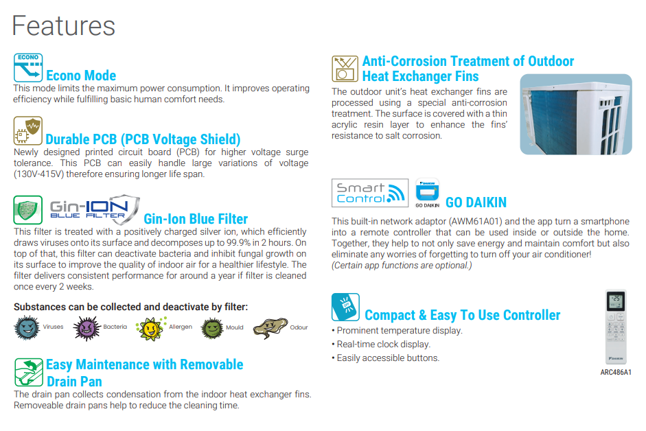 Daikin R32 WIFI Non-Inverter Wall Mounted Air Conditioner FTV Series 1.0HP~3.0HP - Image 2